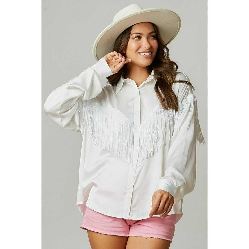 Flirty And Fringe Satin Shirt in Off White - Picture 3 of 7